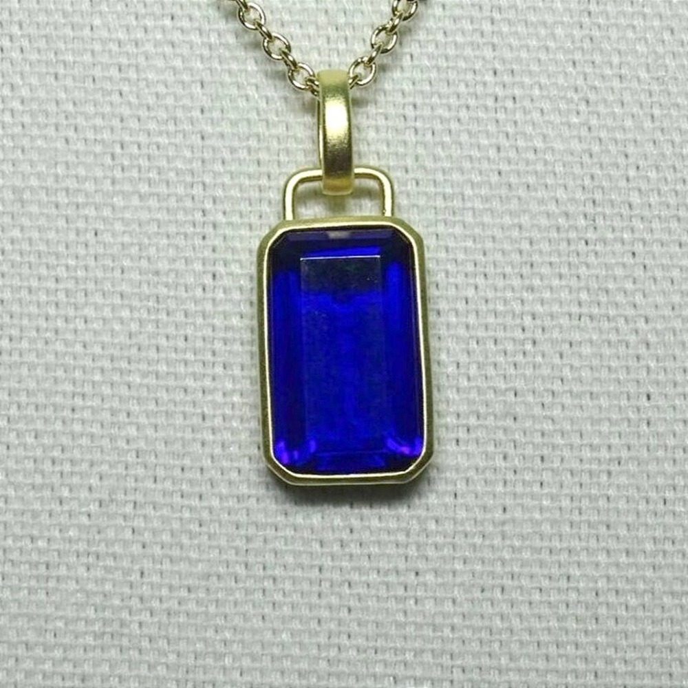 Gold-Tone Chain Necklace With Rectangular Blue Glass Pendant 1 Inch Long Adjusta